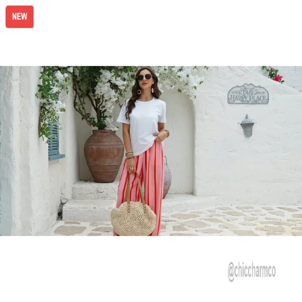 Wide Leg Palazzo Pants with Pockets Drawstring Elastic Waist Flowy Trousers - Picture 8 of 8